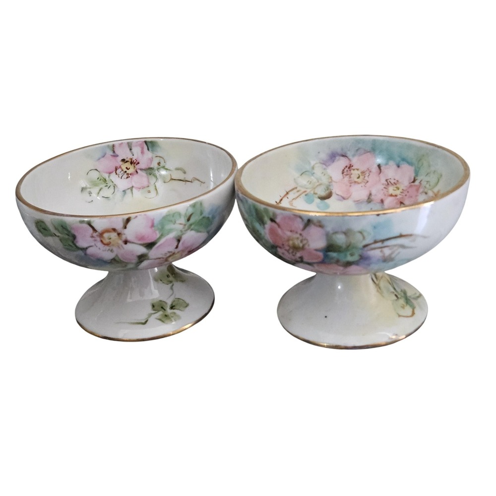 handpainted porcelain footed compote  bowl set of Floral gold accents